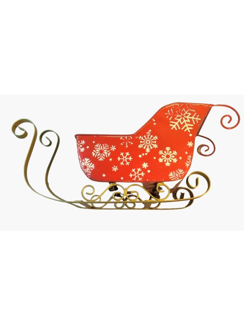Red Gold Snowflake Christmas Sleigh Centerpiece Floral Candy Dish  Vintage Metal